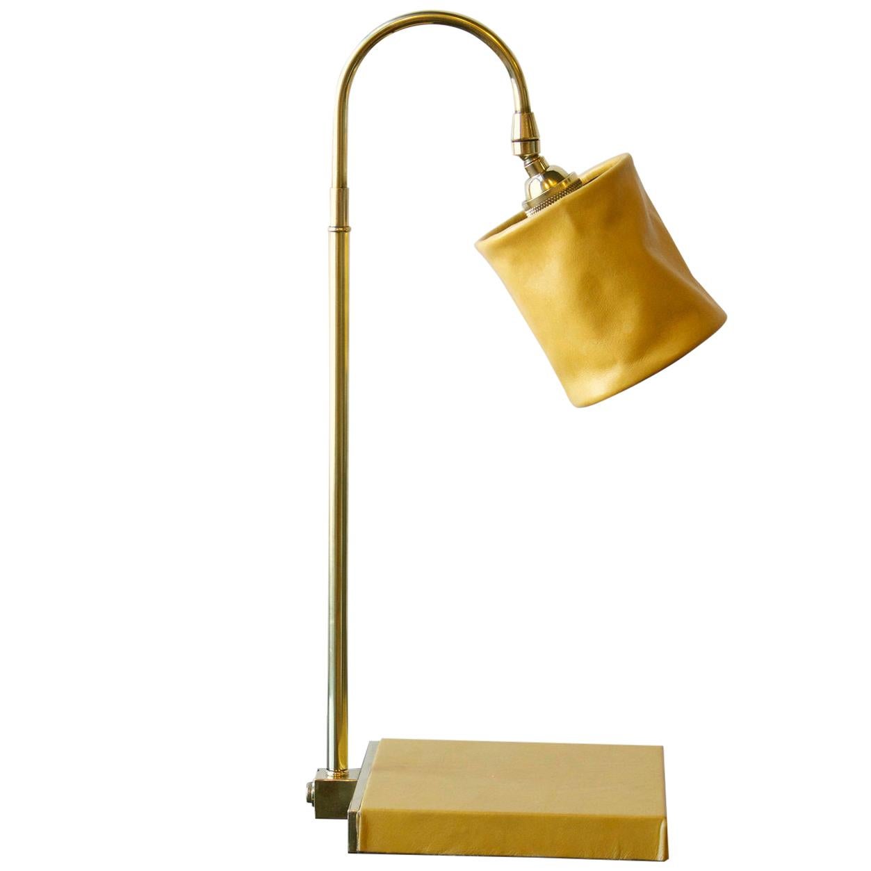 Series 01 Desk Lamp Hand-Dyed Mustard Yellow Leather Polished Un-Lacquered Brass For Sale