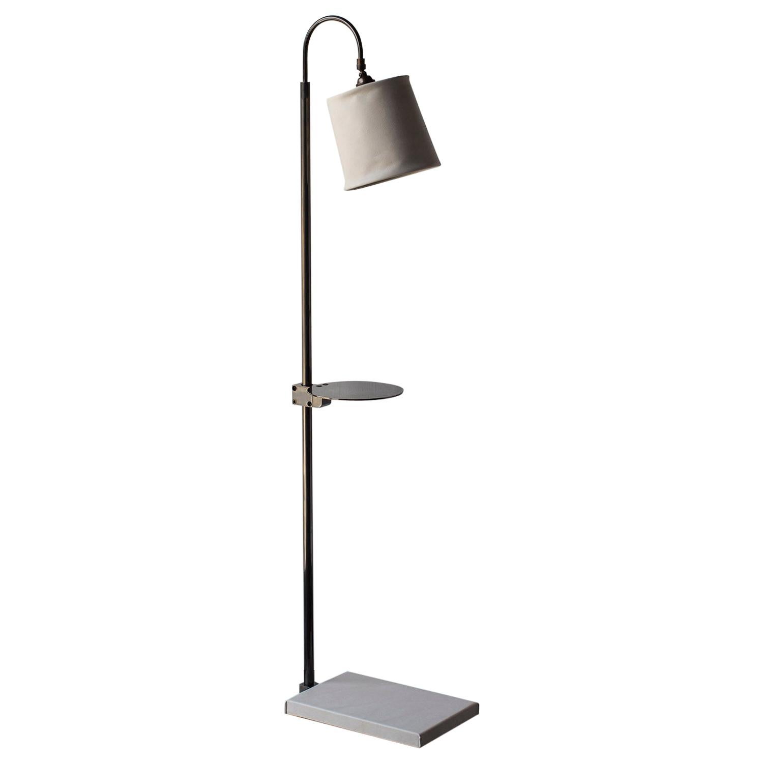 Series01 Floor Lamp, Drink Tray, Ash Gray Leather, Dark Patinated Brass For Sale