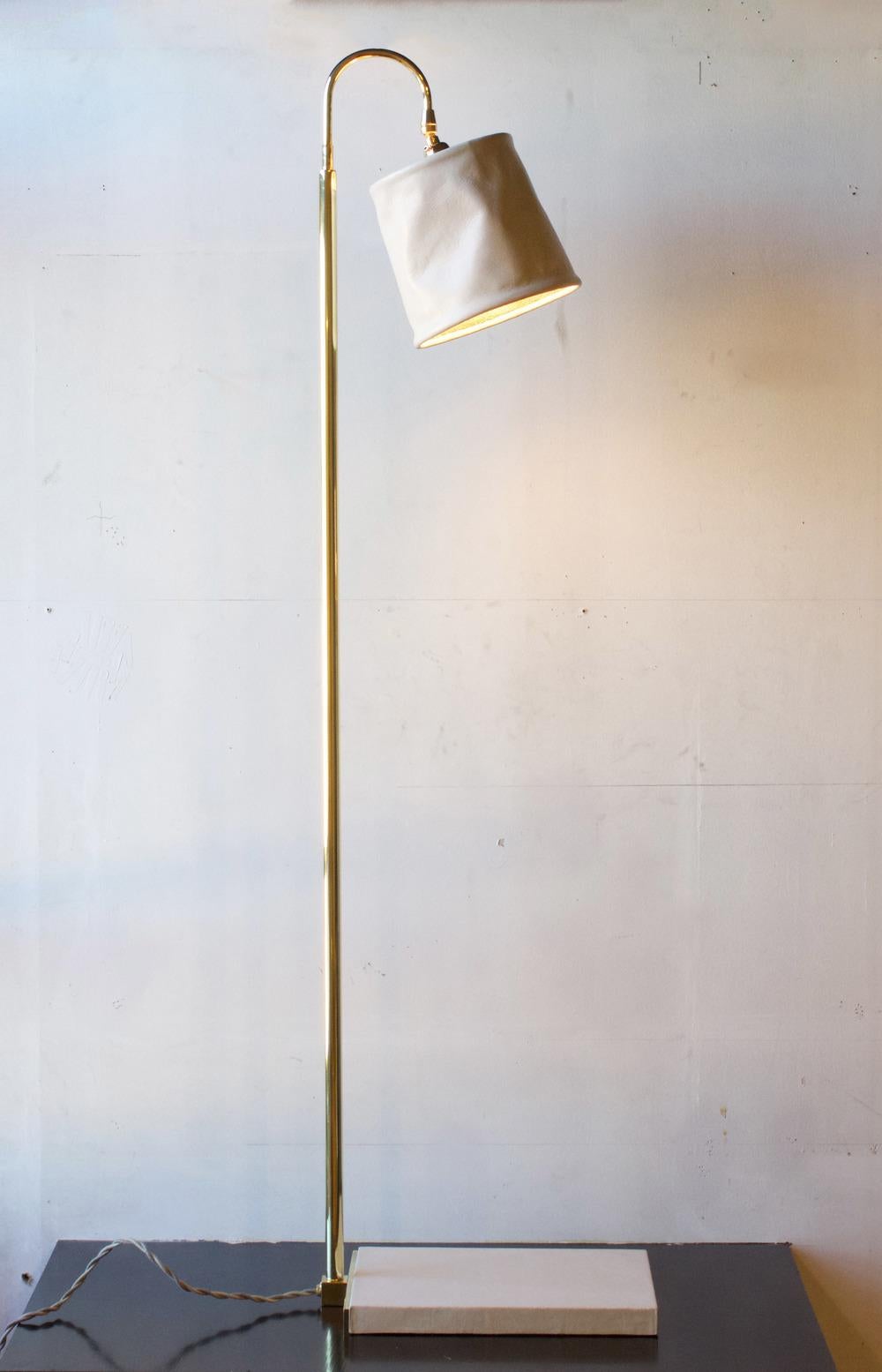 Contemporary Series01 Floor Lamp, Hand-Dyed Ash ‘Gray’ Leather, Polished Nickel-Plated Brass For Sale