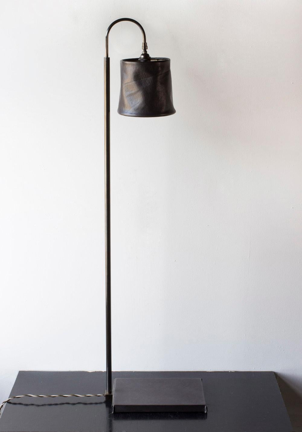 Series01 Floor Lamp, Hand-Dyed Ash ‘Gray’ Leather, Polished Nickel-Plated Brass For Sale 1