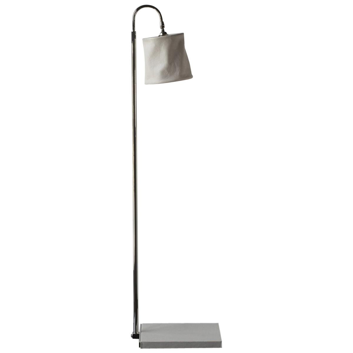 Series01 Floor Lamp, Hand-Dyed Ash ‘Gray’ Leather, Polished Nickel-Plated Brass For Sale
