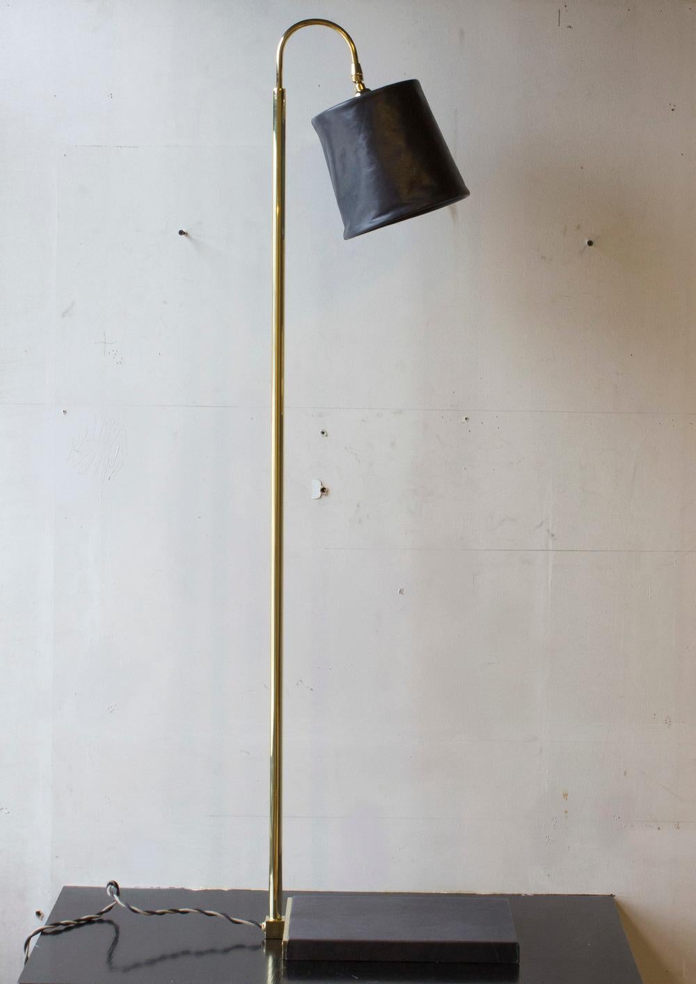 Contemporary SERIES01 Floor Lamp, Hand-Dyed Ash 'Gray' Leather, Polished Unlacquered Brass For Sale