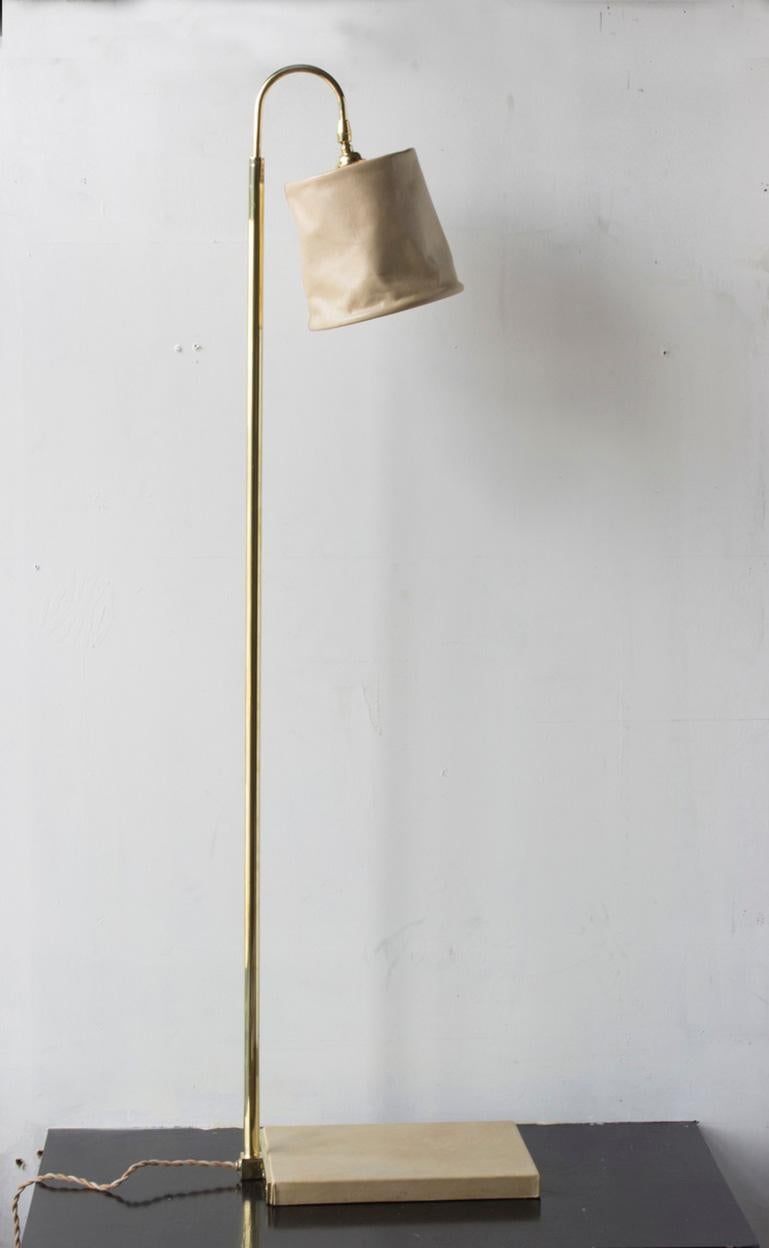 SERIES01 Floor Lamp, Hand-Dyed Ash 'Gray' Leather, Polished Unlacquered Brass For Sale 2