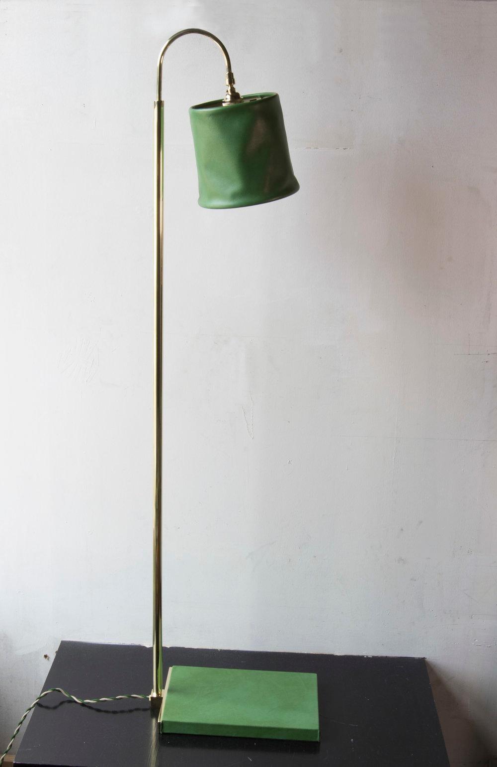 SERIES01 Floor Lamp, Hand-Dyed Ash 'Gray' Leather, Polished Unlacquered Brass For Sale 3