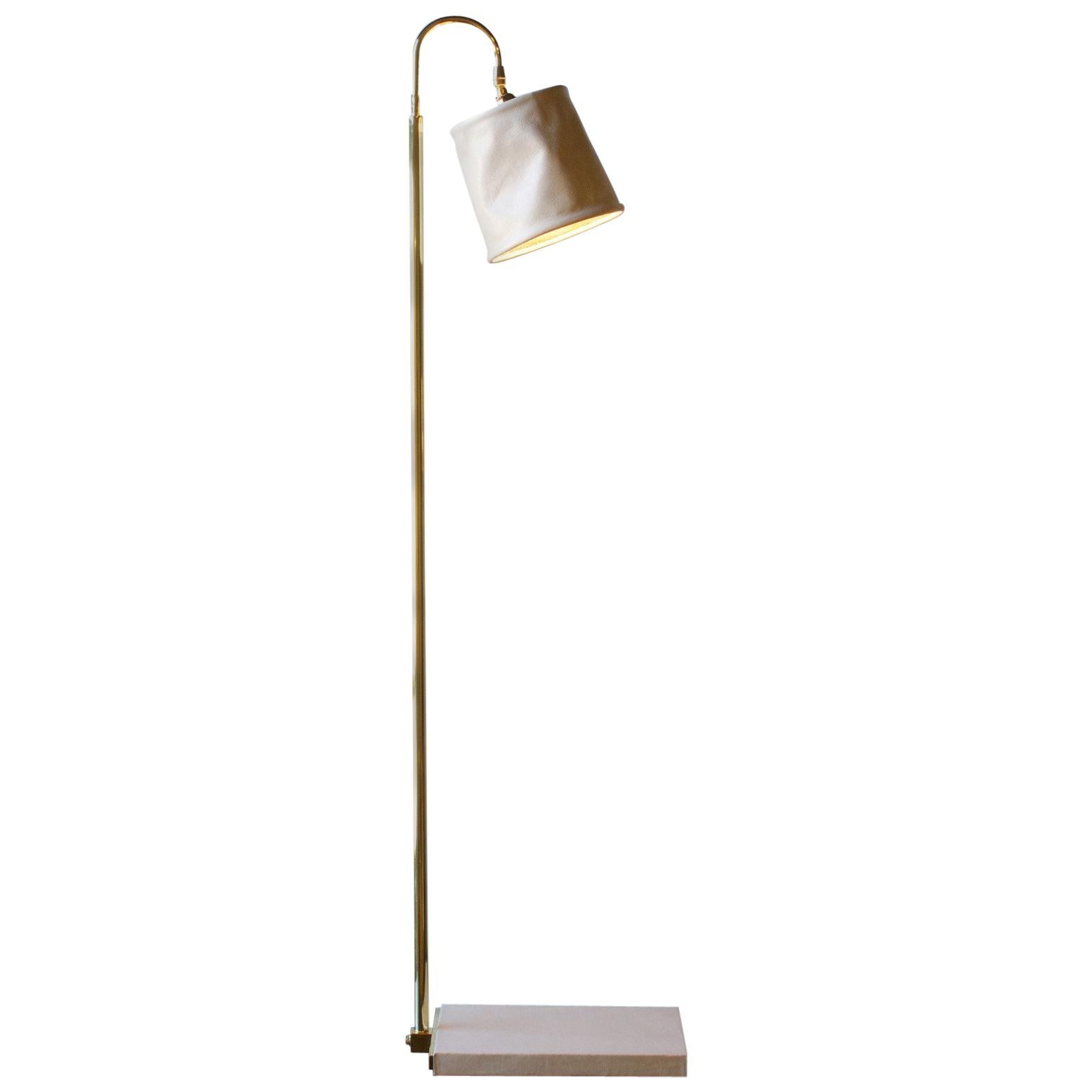 SERIES01 Floor Lamp, Hand-Dyed Ash 'Gray' Leather, Polished Unlacquered Brass For Sale