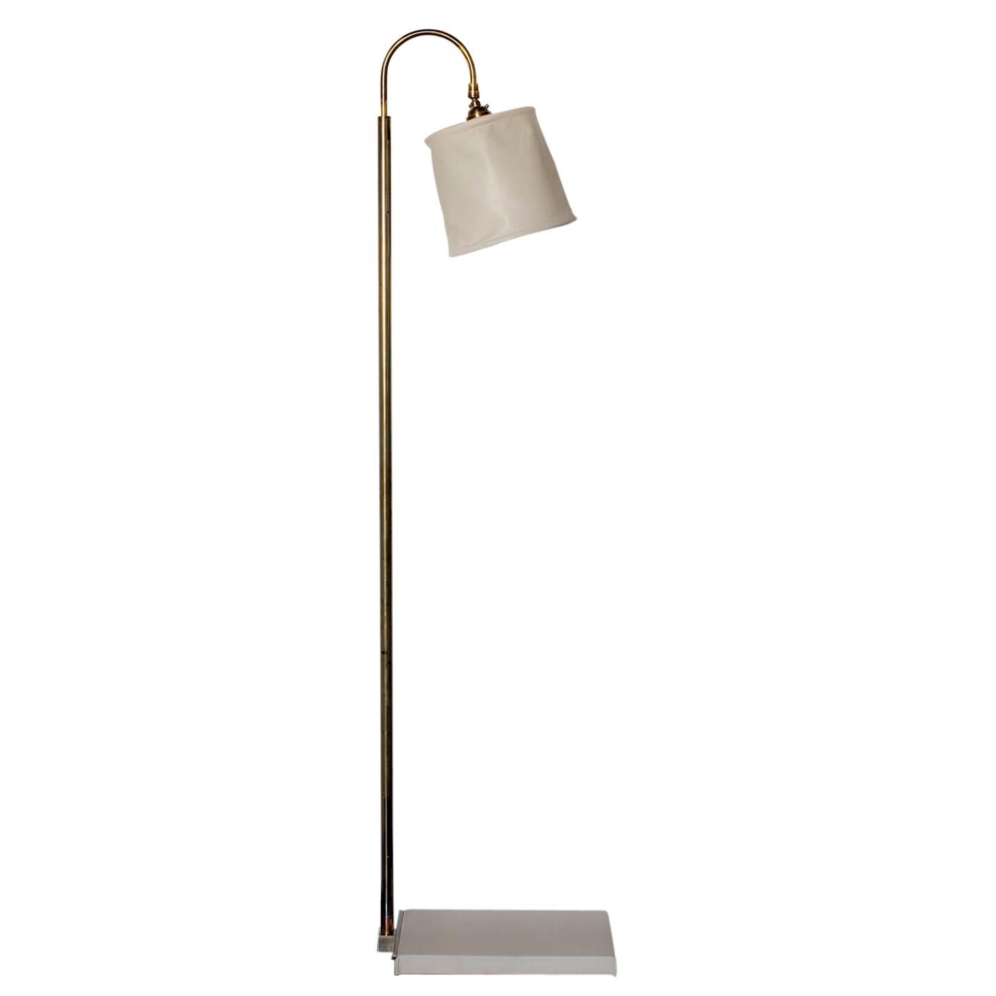 Series01 Floor Lamp, Hand-Dyed Ash Leather, "Smoke" Patinated Brass, Pivoting For Sale