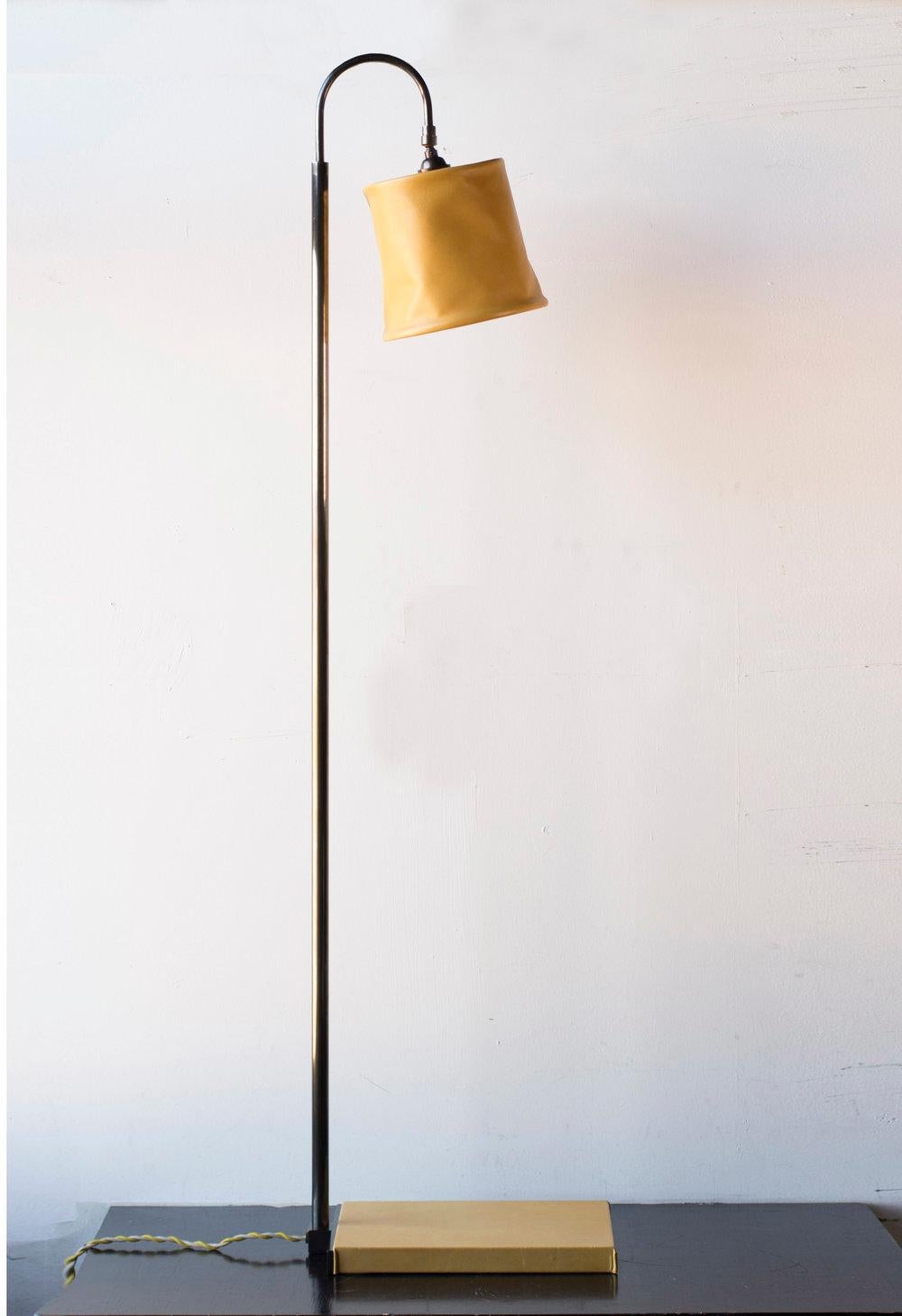 Series01 Floor Lamp, Hand-Dyed Graphite Gray Leather, Matte Blackened Brass For Sale 1