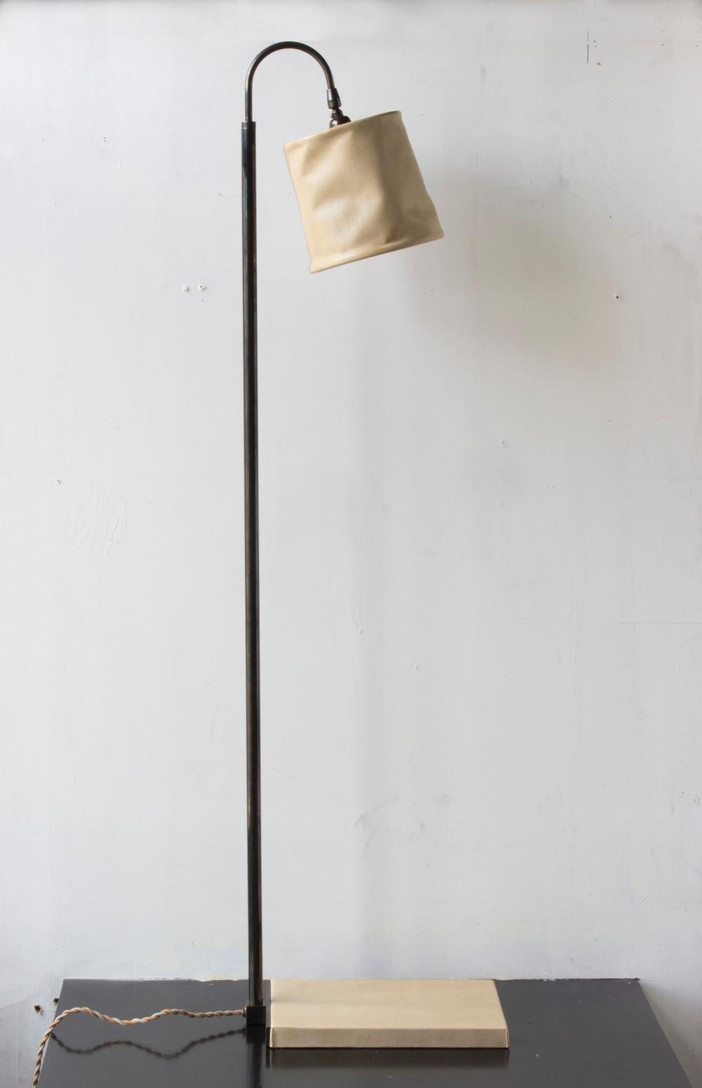 Contemporary Series01 Floor Lamp, Hand-Dyed Lead Gray Leather, Dark Patinated Brass For Sale
