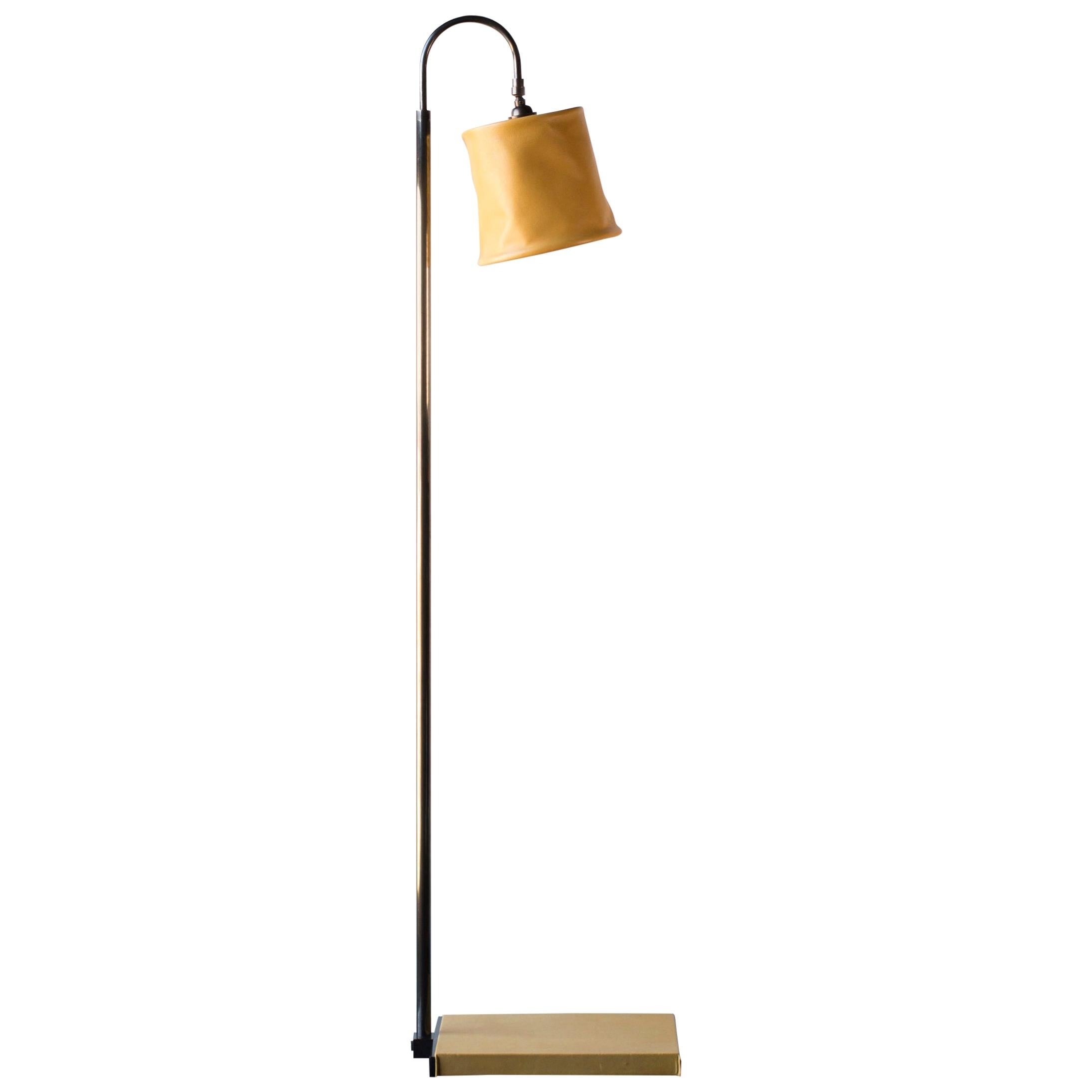 Series01 Floor Lamp, Hand-Dyed Mustard Yellow Leather, Dark Patinated Brass For Sale