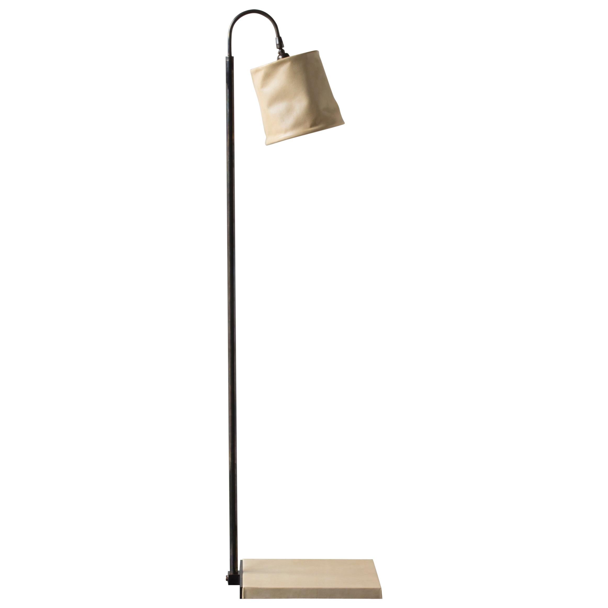 Series01 Floor Lamp, Hand-Dyed Putty Tan Leather, Dark Patinated Brass For Sale