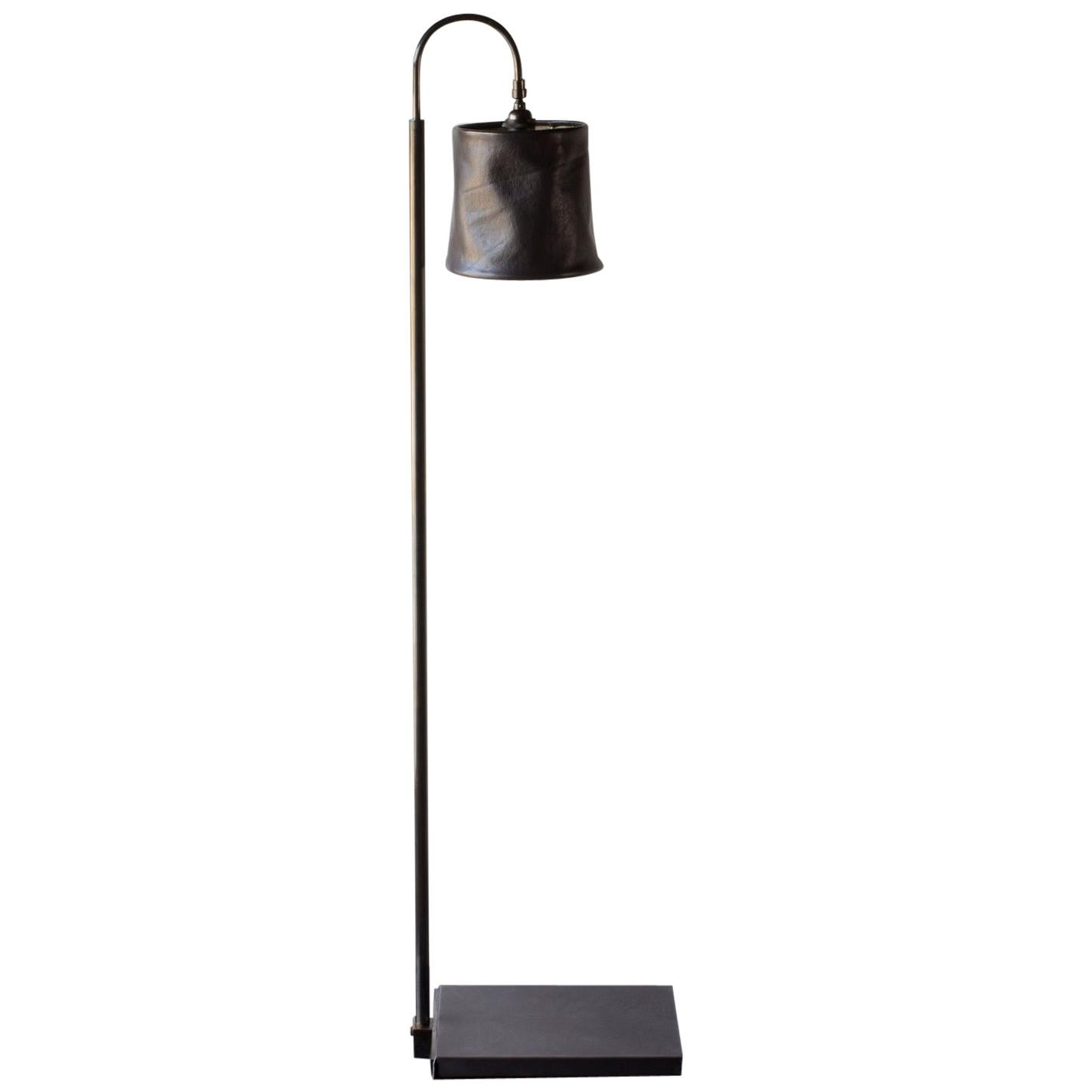 Series01 Floor Lamp, Hand-Dyed Sable, Brown Leather, Dark Patinated Brass For Sale