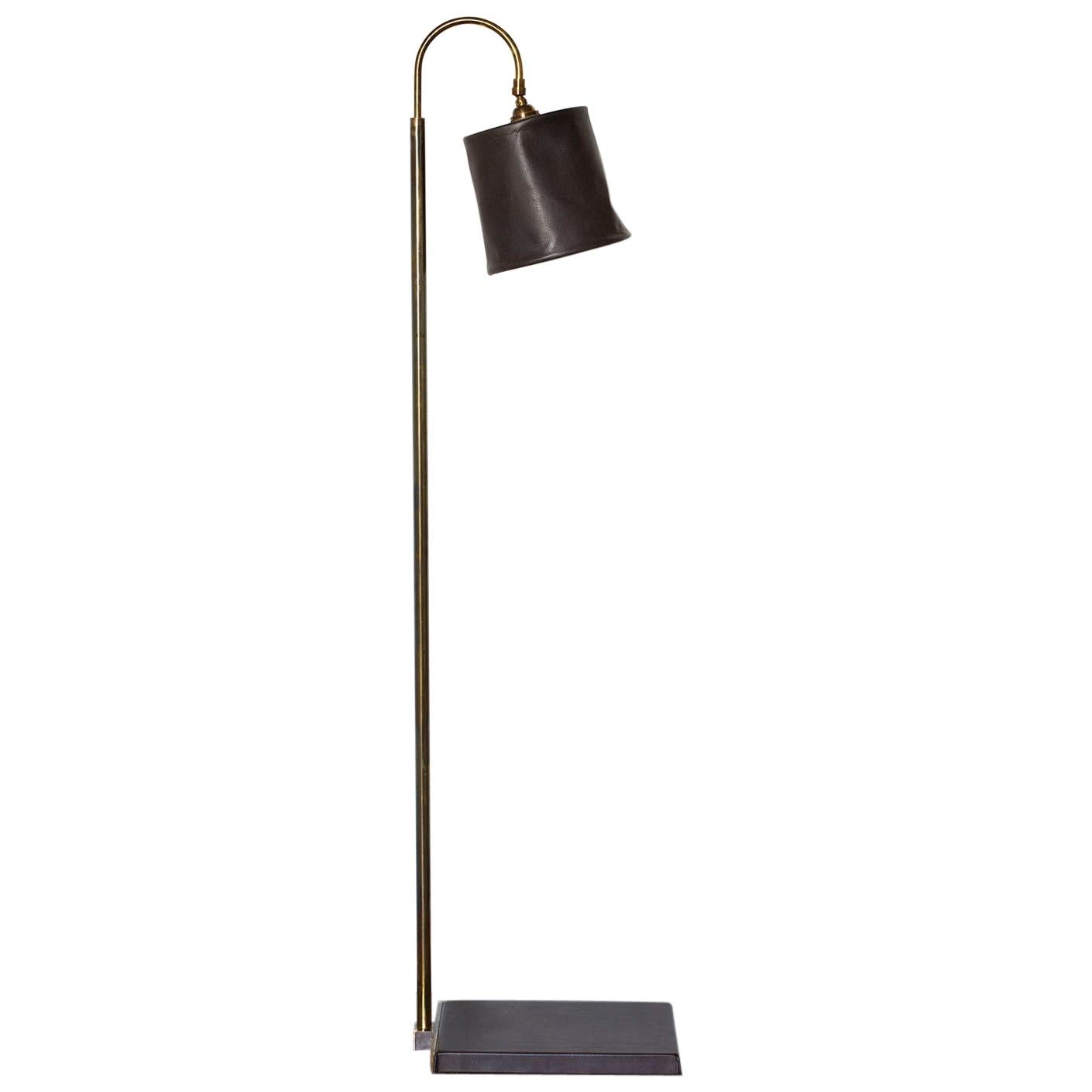 Series01 Floor Lamp, Hand-Dyed Sable Brown Leather, Smoke Patinated Brass For Sale