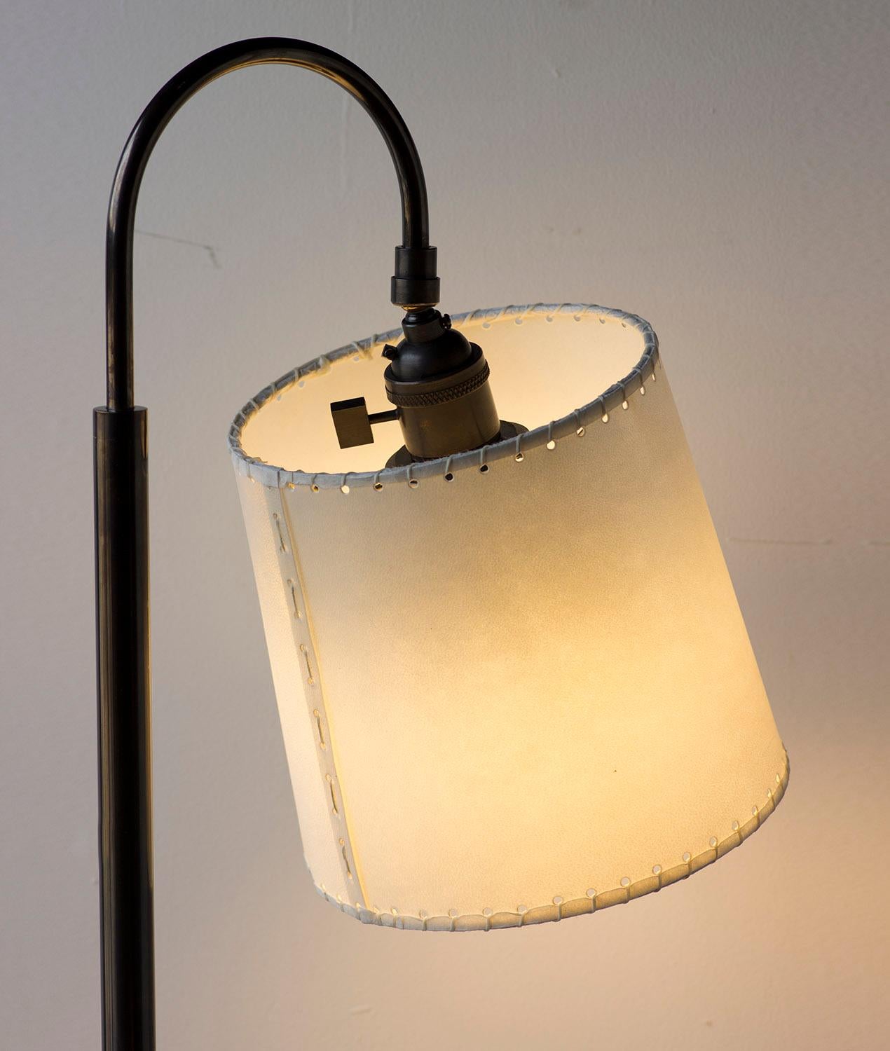 Bauhaus Series01 Floor Lamp, Putty Leather, Dark Patinated Brass, Goatskin Shade For Sale