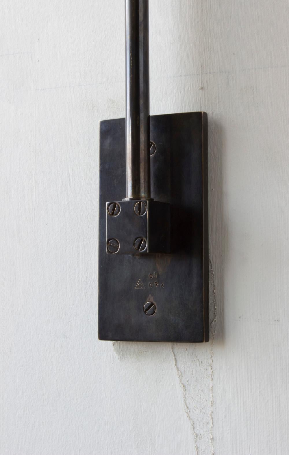 Bauhaus Series01 Large Sconce, Dark Patinated Brass, Ash Leather Pivoting Shade For Sale