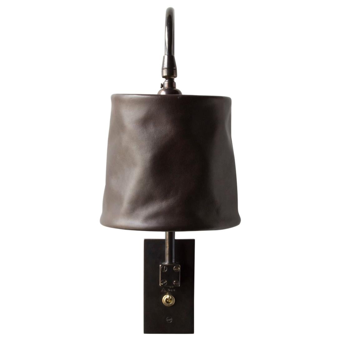 Series01 Large Sconce, Dark Patinated Brass, Sable Brown Leather Pivoting Shade For Sale