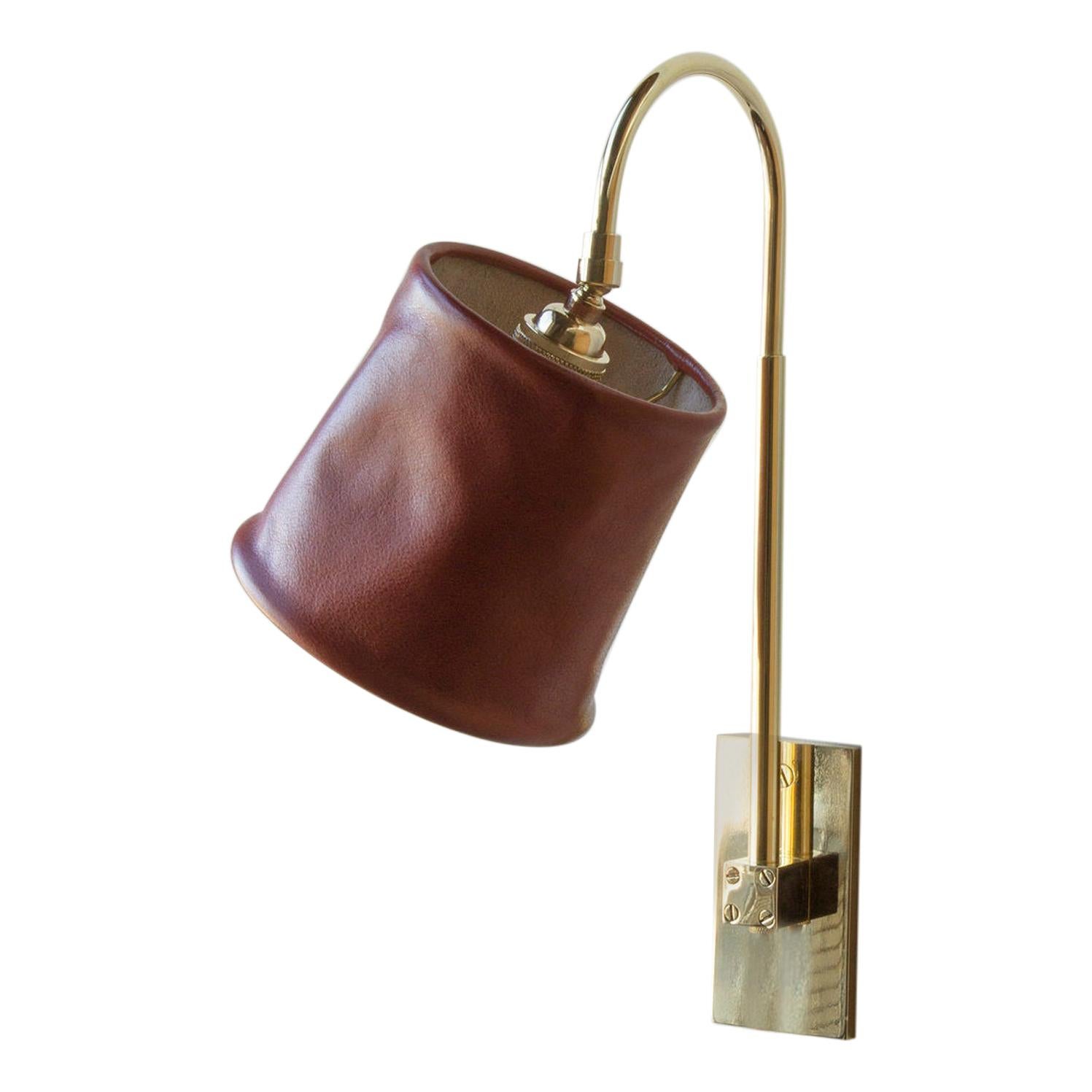 Series01 Lg Sconce, Polished Unlacquered Brass, Gochu Red Leather Pivoting Shade
