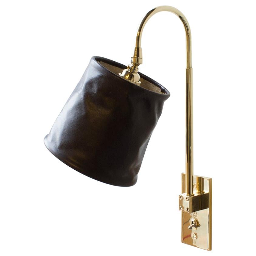 Series01 Lrg Sconce, Polished Unlacquered Brass, Charcoal Leather Pivoting Shade