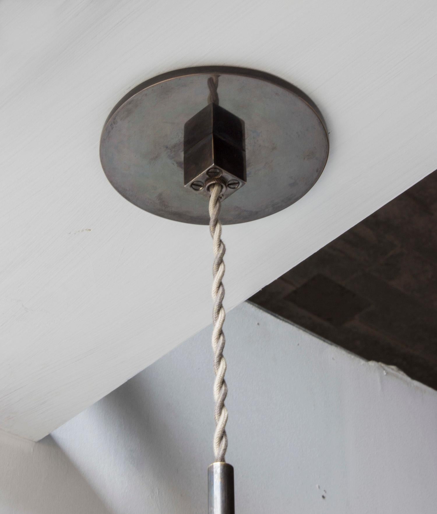 American Series01 Sm Pendant, Dark Patinated Brass, Ash Gray Hand-Dyed Leather Shade For Sale