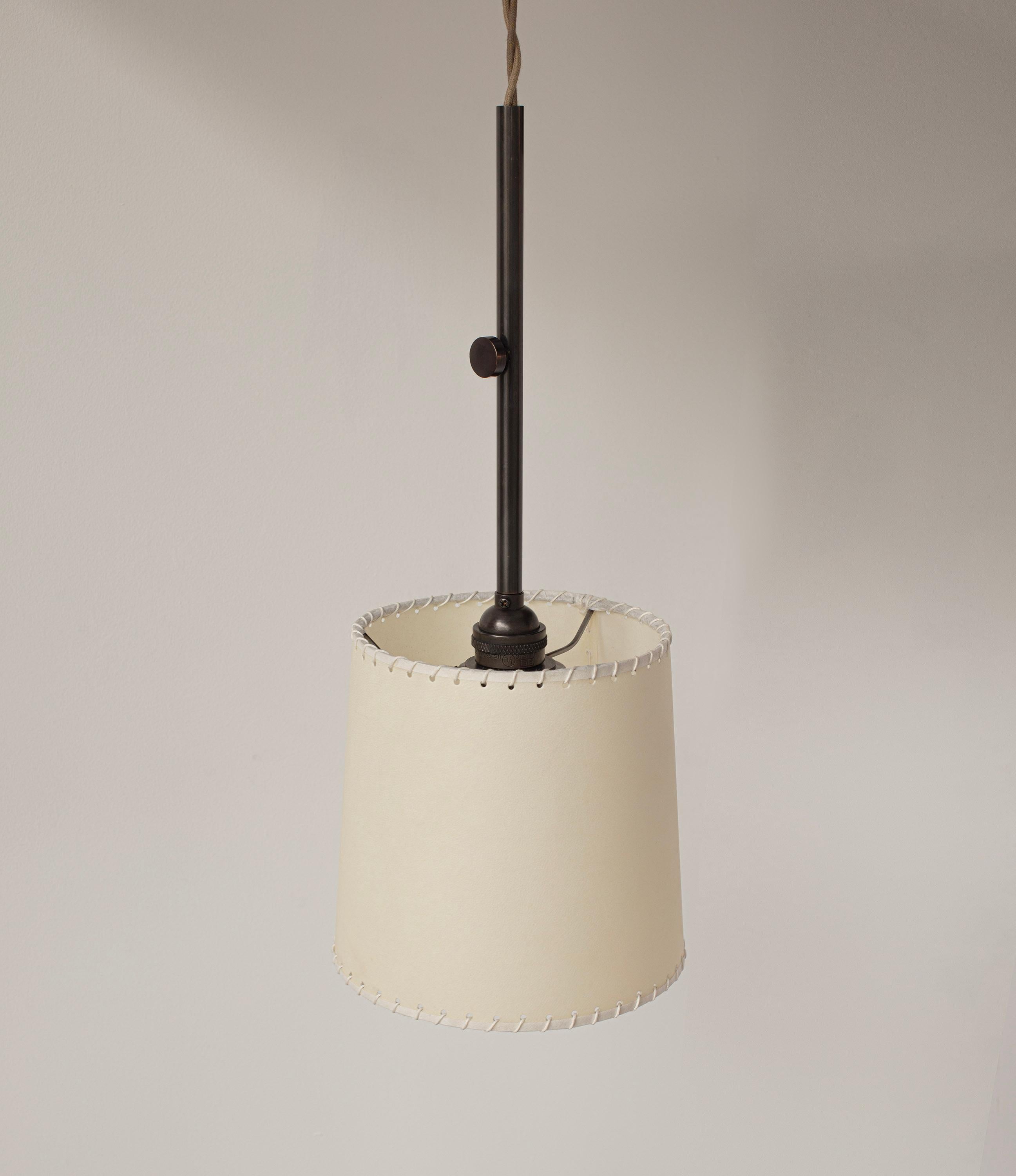 Series01 Sm Pendant, Dark Patinated Brass, Goatskin Parchment Shade In New Condition For Sale In Ozone Park, NY