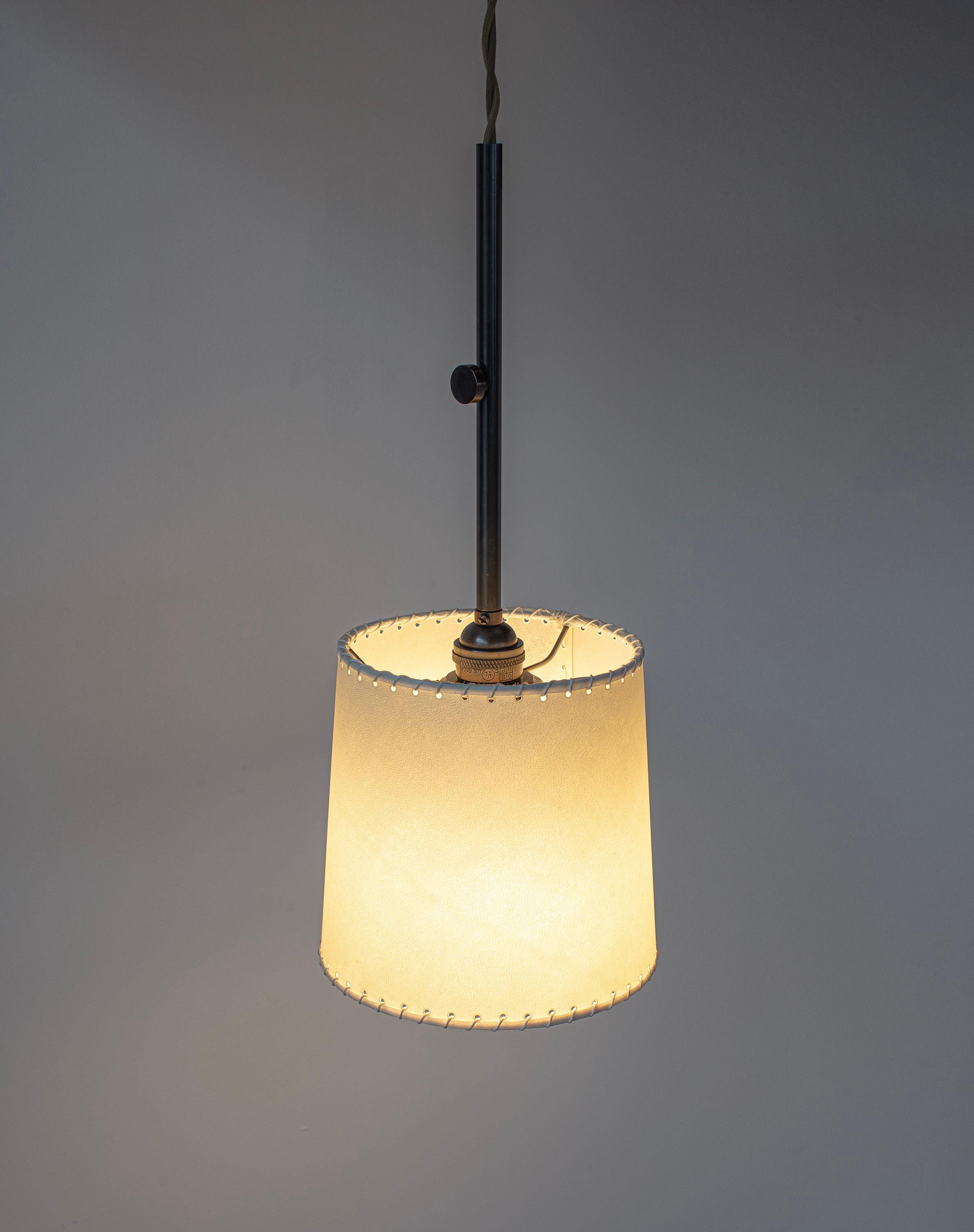 Contemporary Series01 Sm Pendant, Dark Patinated Brass, Goatskin Parchment Shade For Sale