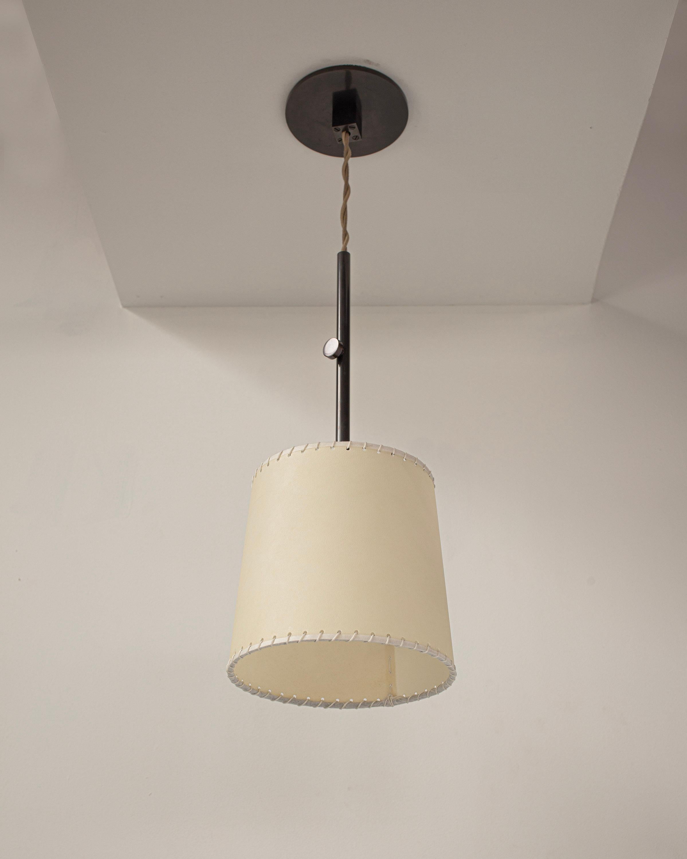 Series01 Sm Pendant, Dark Patinated Brass, Goatskin Parchment Shade For Sale 2