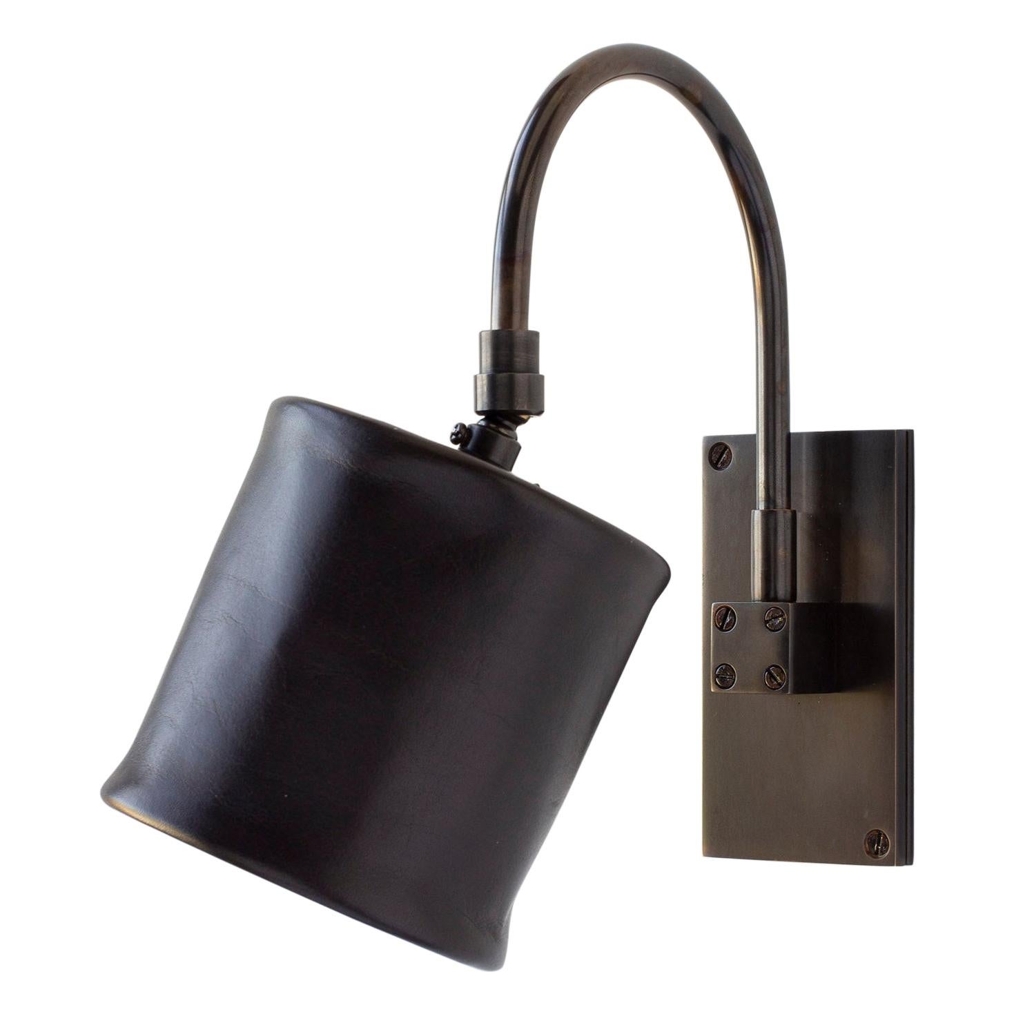 Series01 Small Sconce, Dark Patinated Brass, Sable Brown Leather Shade, Pivoting For Sale