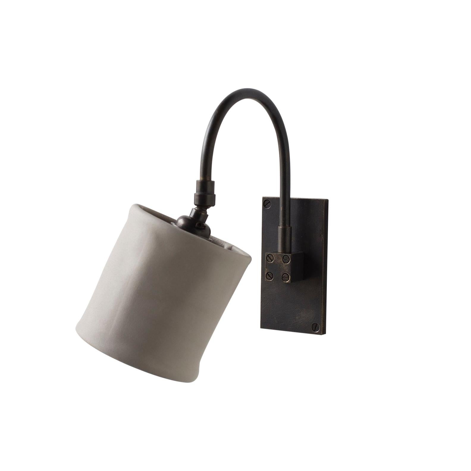 Series01 Small Sconce, Matte Blackened Brass, Ash Leather Shade, Pivoting shade