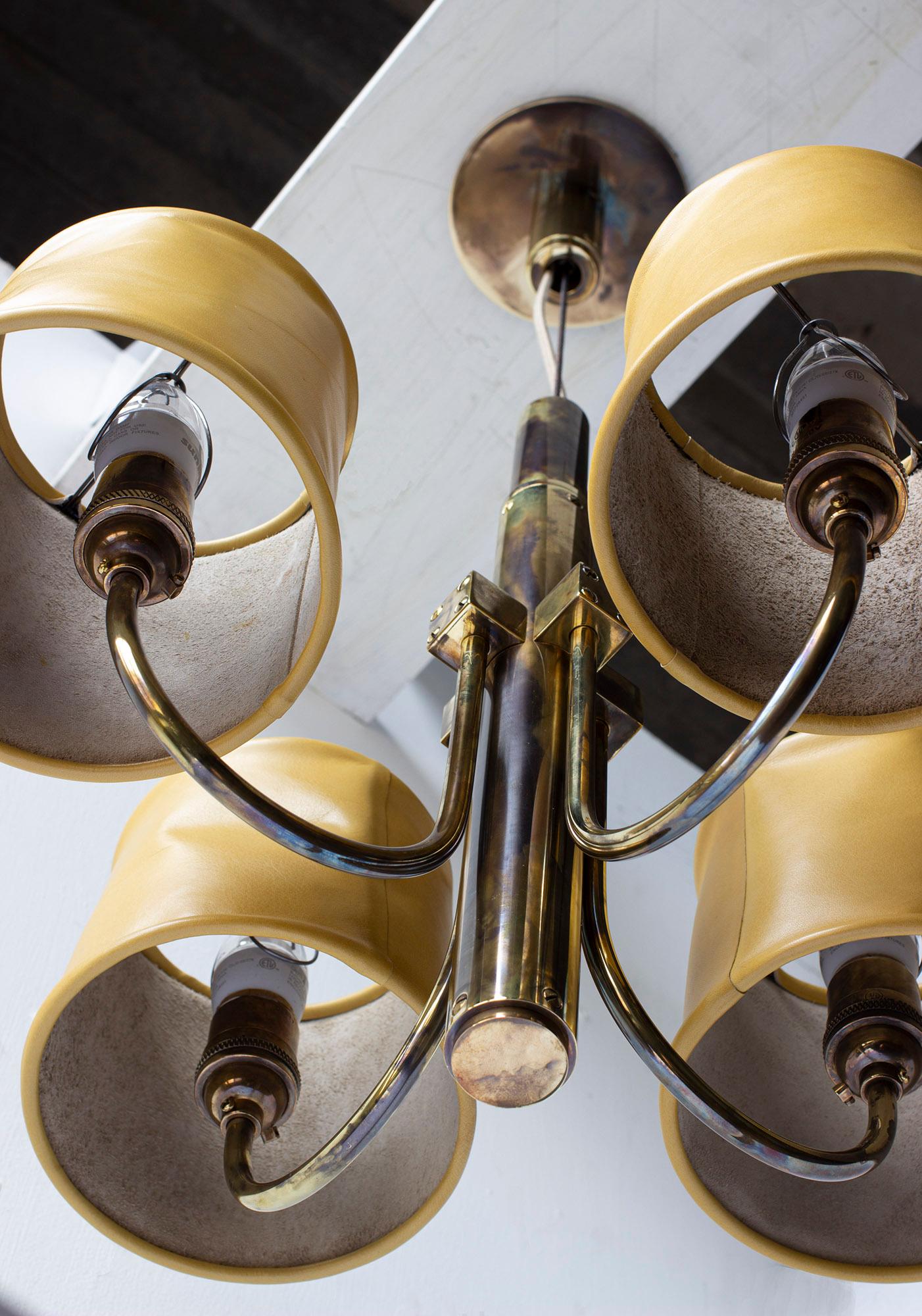 American Series01 Upright Electrolier, Smoke Patinated Brass, Mustard Leather Shades For Sale