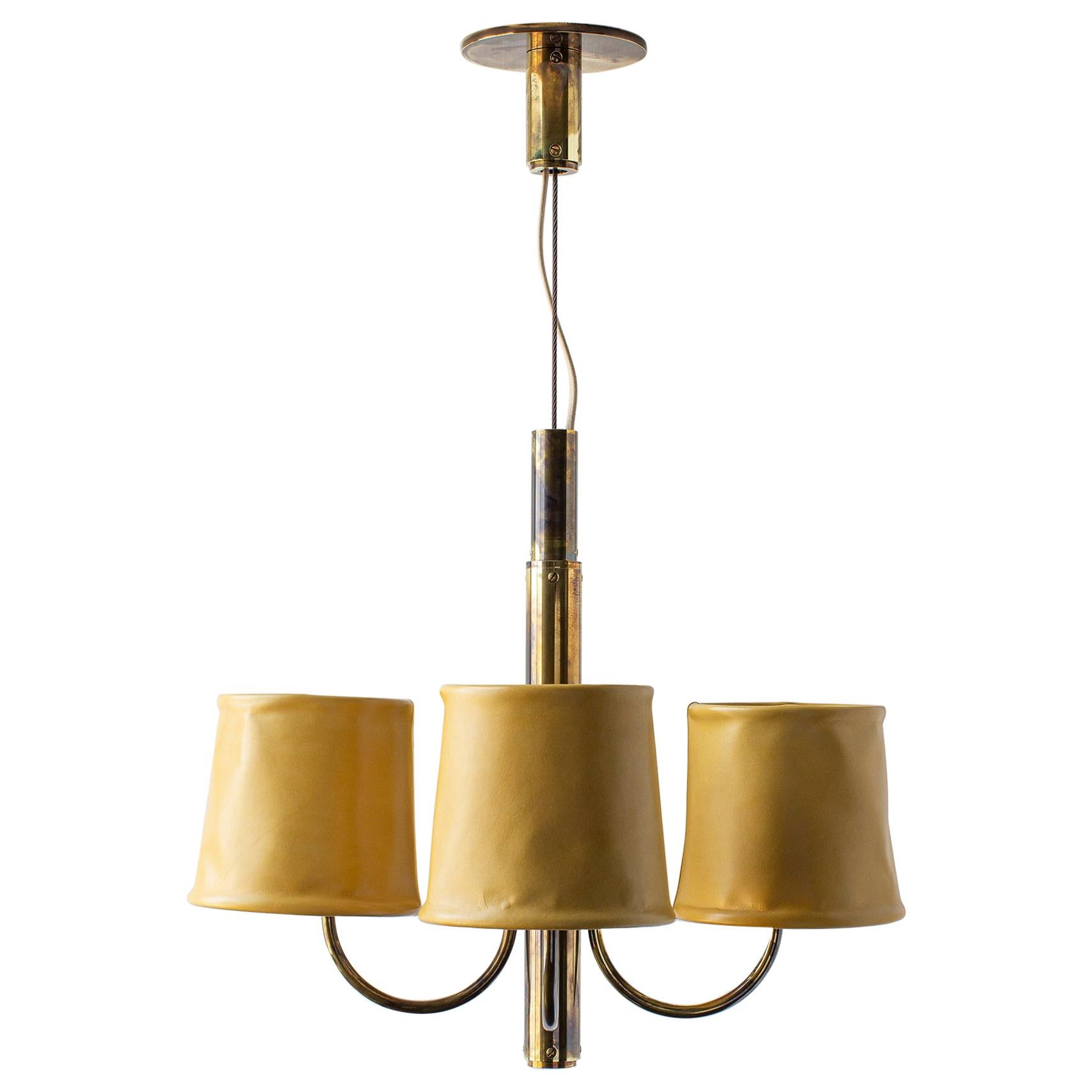 Series01 Upright Electrolier, Smoke Patinated Brass, Mustard Leather Shades For Sale