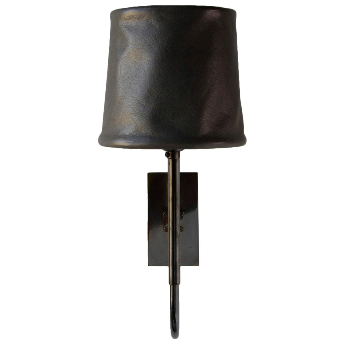 Series01 Upright Sconce, Dark Patinated Brass, Lead Gray Leather Shade For Sale