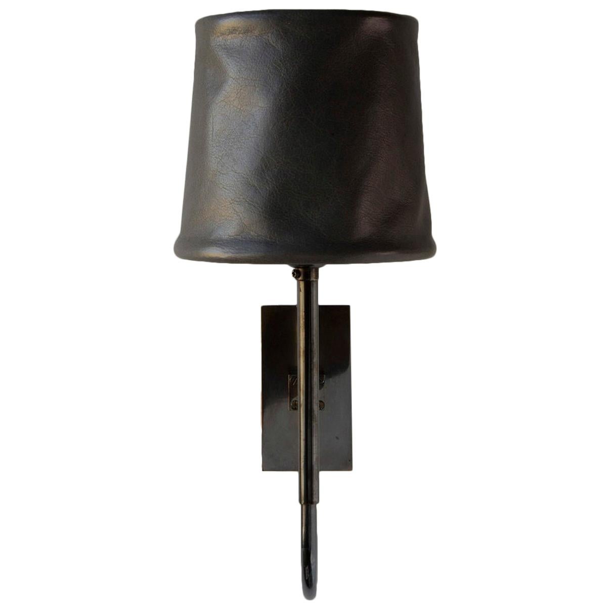 Series01 Upright Sconce, Dark Patinated Brass, Lead Gray Leather Shade