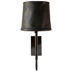 Series01 Upright Sconce, Dark Patinated Brass, Lead Gray Leather Shade