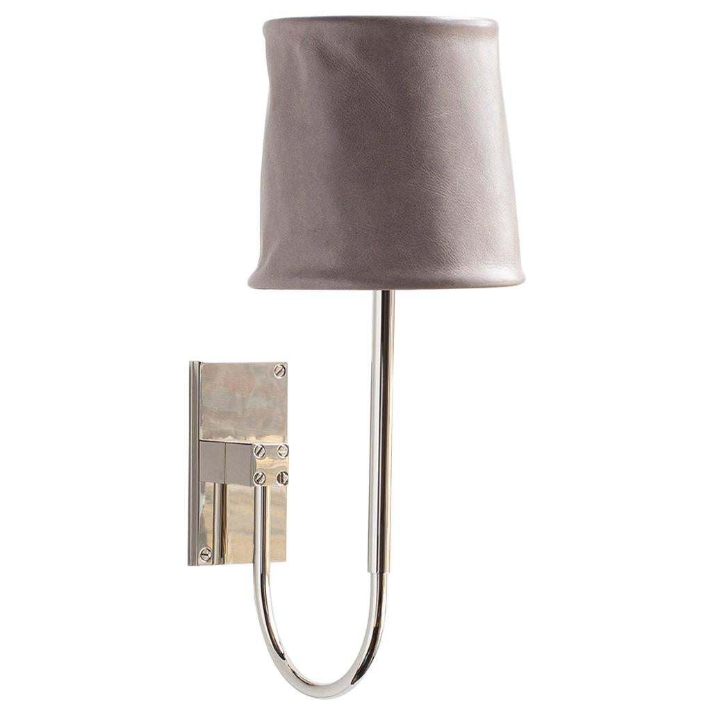 Series01 Upright Sconce, Nickel-Plated Brass, Graphite Gray Leather Shade For Sale