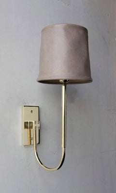Series01 Upright Sconce, Polished Unlacquered Brass, Graphite Leather Shade