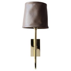 Series01 Upright Sconce, Polished Unlacquered Brass, Graphite Leather Shade