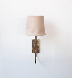 Series01 Upright Sconce, Smoke Acid Patinated Brass, Blush pink Leather Shade