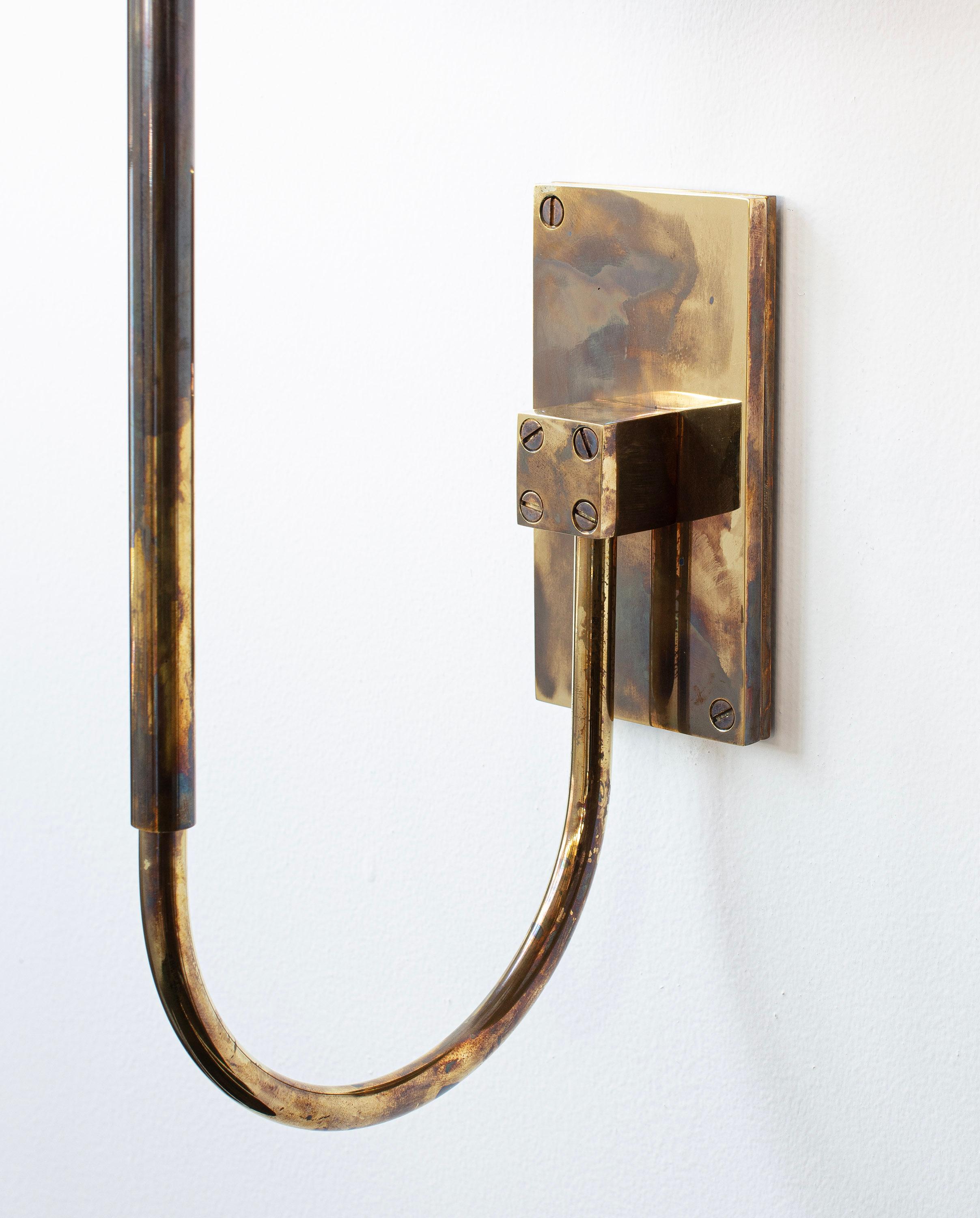 Bauhaus Series01 Upright Sconce, Smoke Acid Patinated Brass, Blush pink Leather Shade For Sale