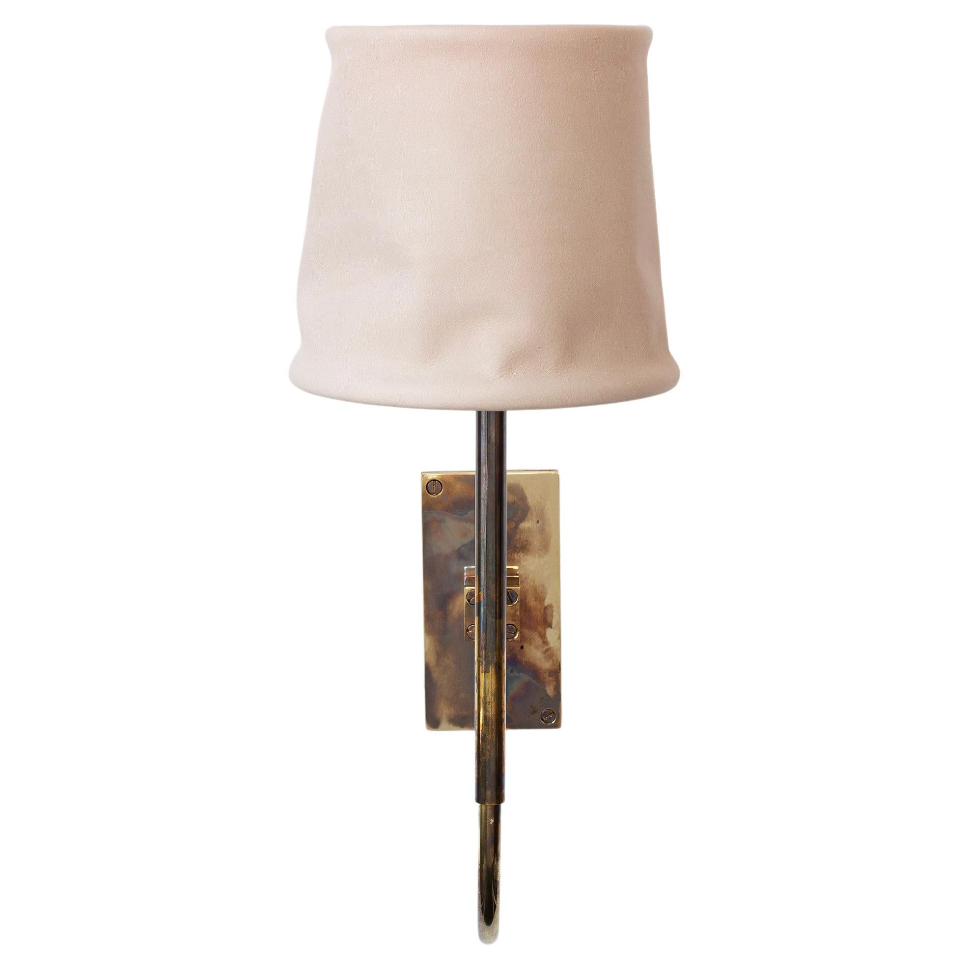 Series01 Upright Sconce, Smoke Acid Patinated Brass, Blush pink Leather Shade For Sale