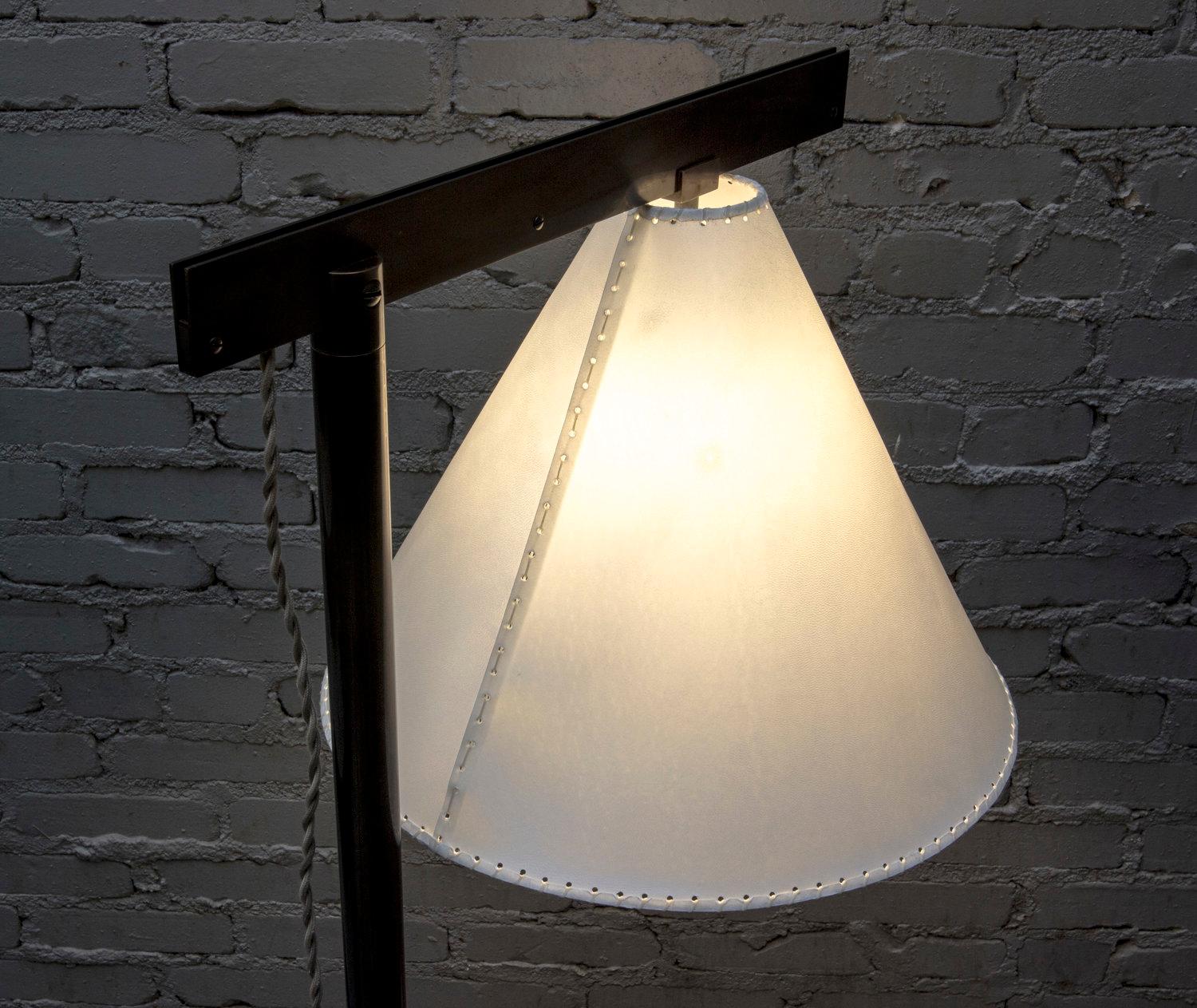 Blackened Series02 Floor Lamp, Dark Patinated Brass, Goatskin Parchment Shade For Sale