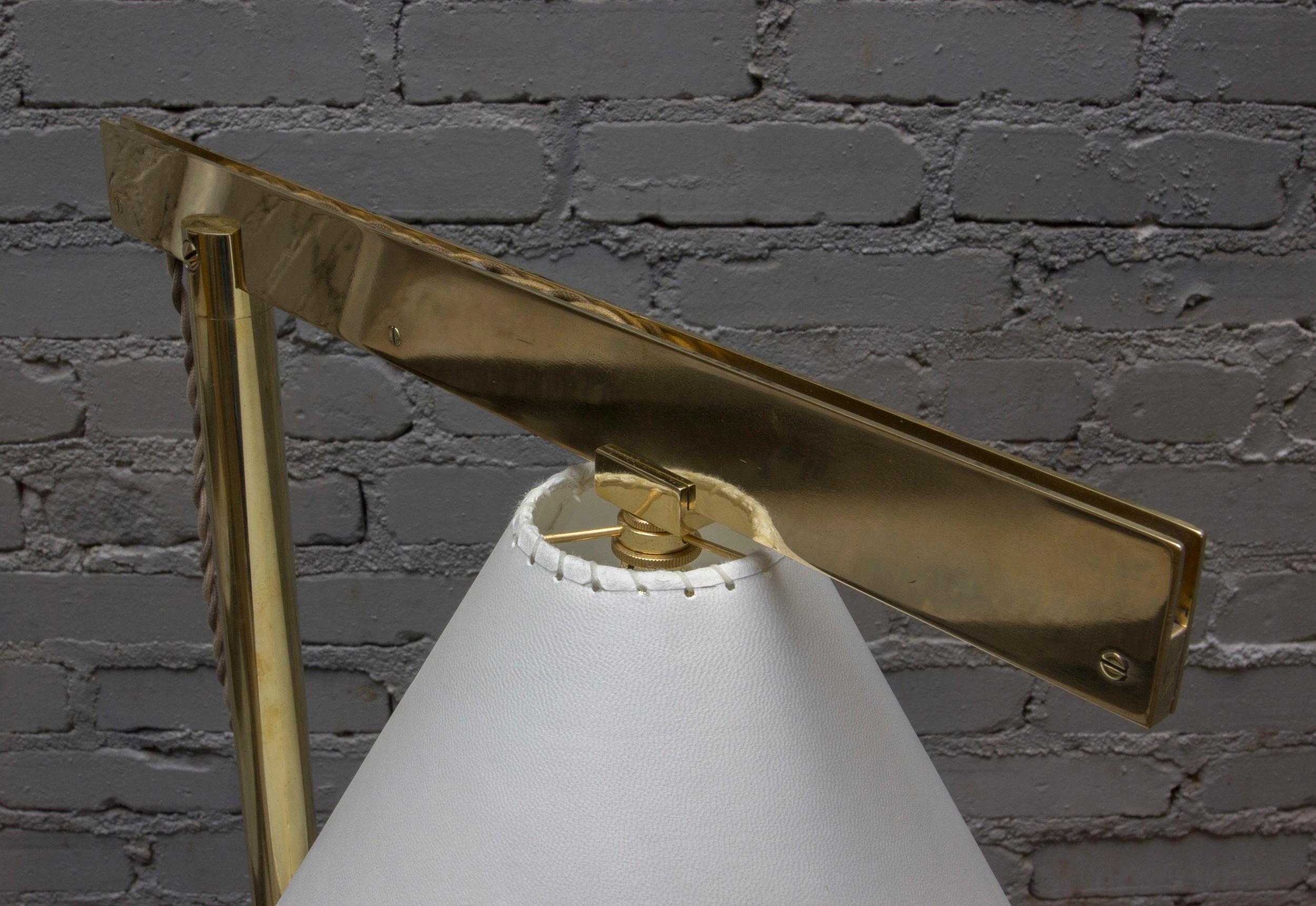 Bauhaus Series02 Floor Lamp, Polished Unlacquered Brass, Goatskin Parchment Shade For Sale