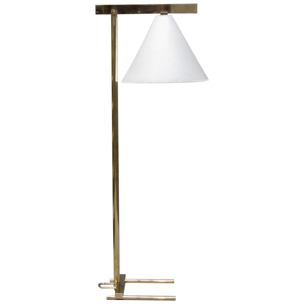 Series02 Floor Lamp, Polished Unlacquered Brass, Goatskin Parchment Shade For Sale