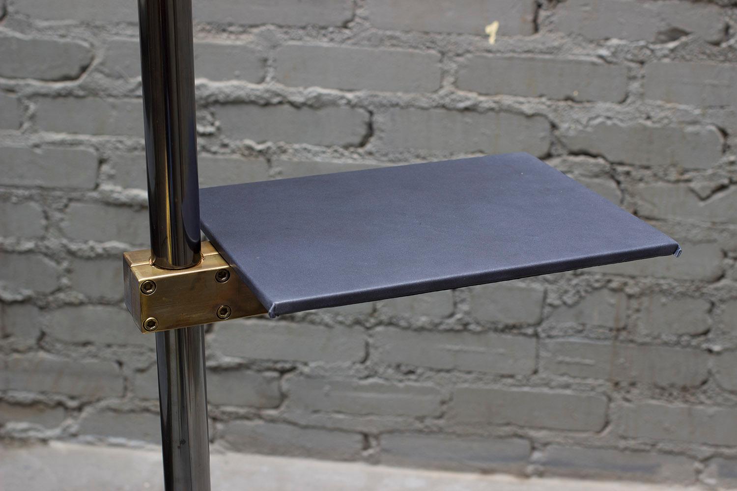 Series02 Floor Lamp, Smoke Patinated Brass, Goatskin Shade, Leather Wrapped Tray For Sale 1