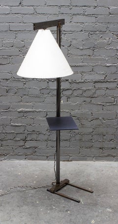 Series02 Floor Lamp, Smoke Patinated Brass, Goatskin Shade, Leather Wrapped Tray