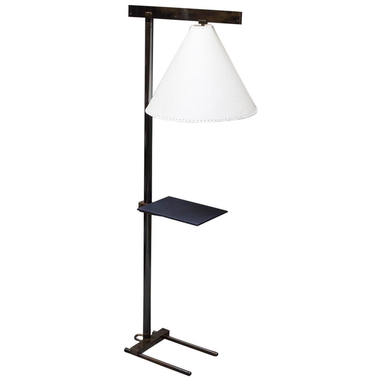 Series02 Floor Lamp, Smoke Patinated Brass, Goatskin Shade, Leather Wrapped Tray For Sale
