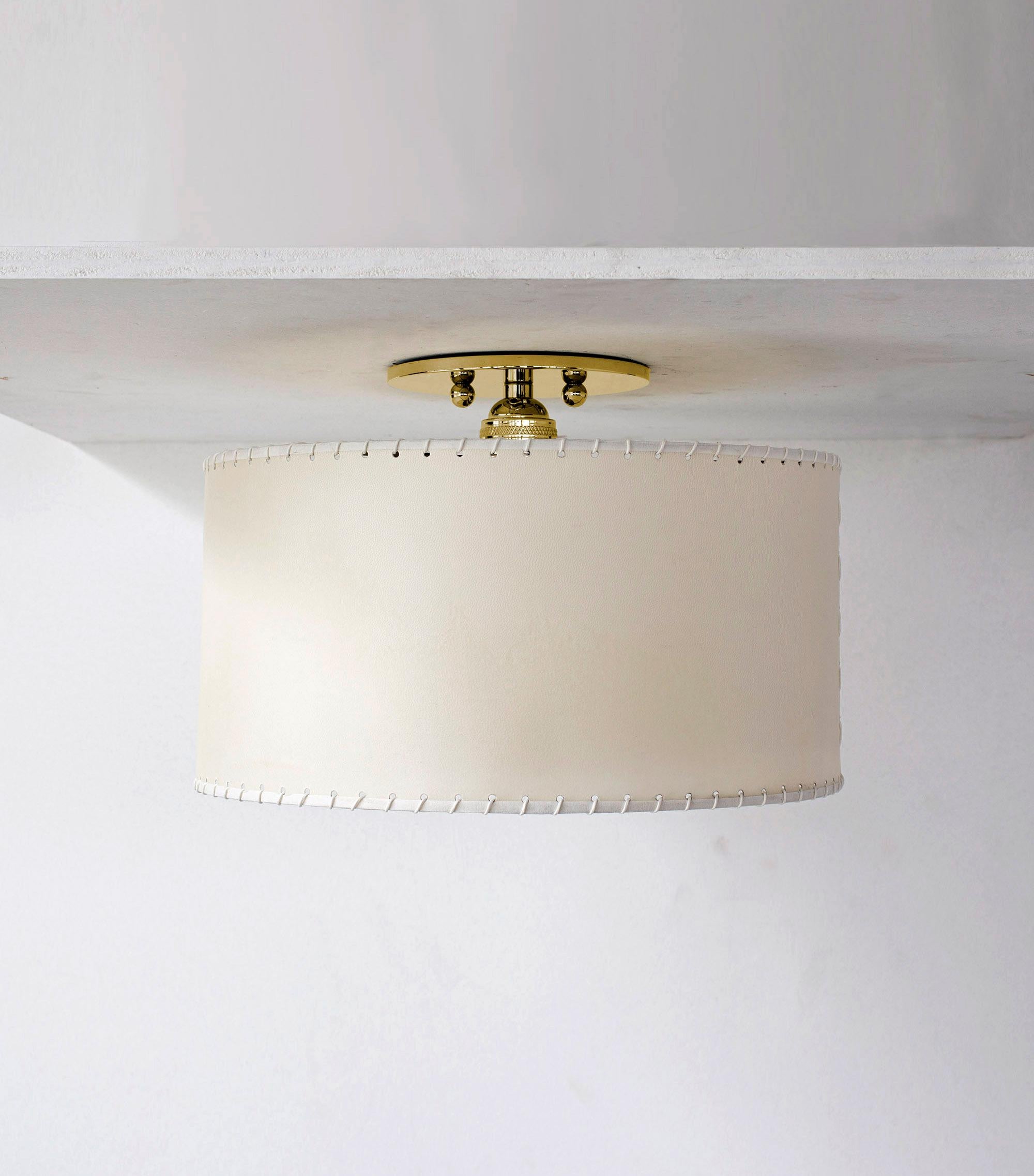 Bauhaus Series02 Large Flush Mount, Polished Unlacquered Brass, Goatskin Parchment Shade For Sale