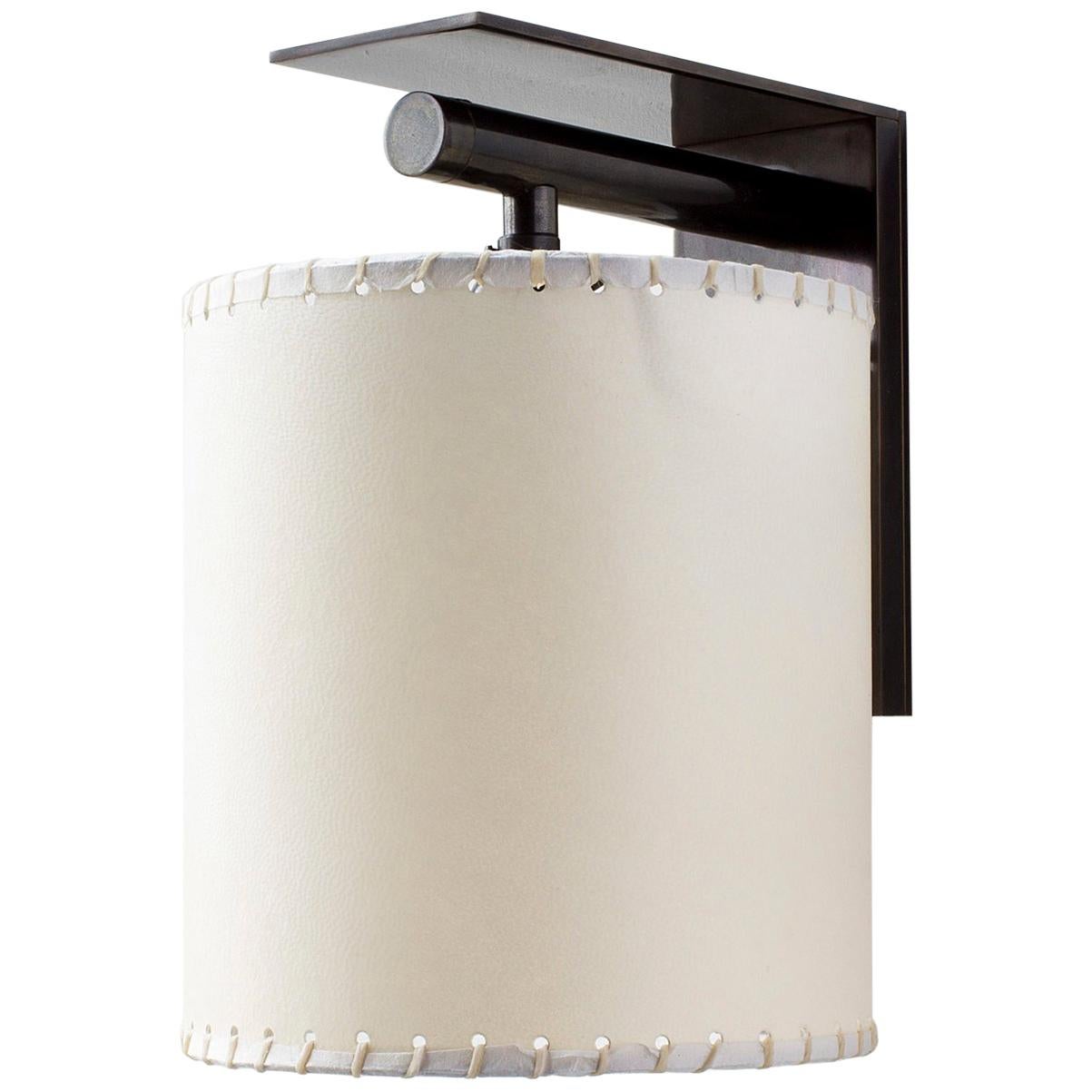 Series02 Large Sconce, Dark Patinated Brass, Stitched Goatskin Parchment Shade
