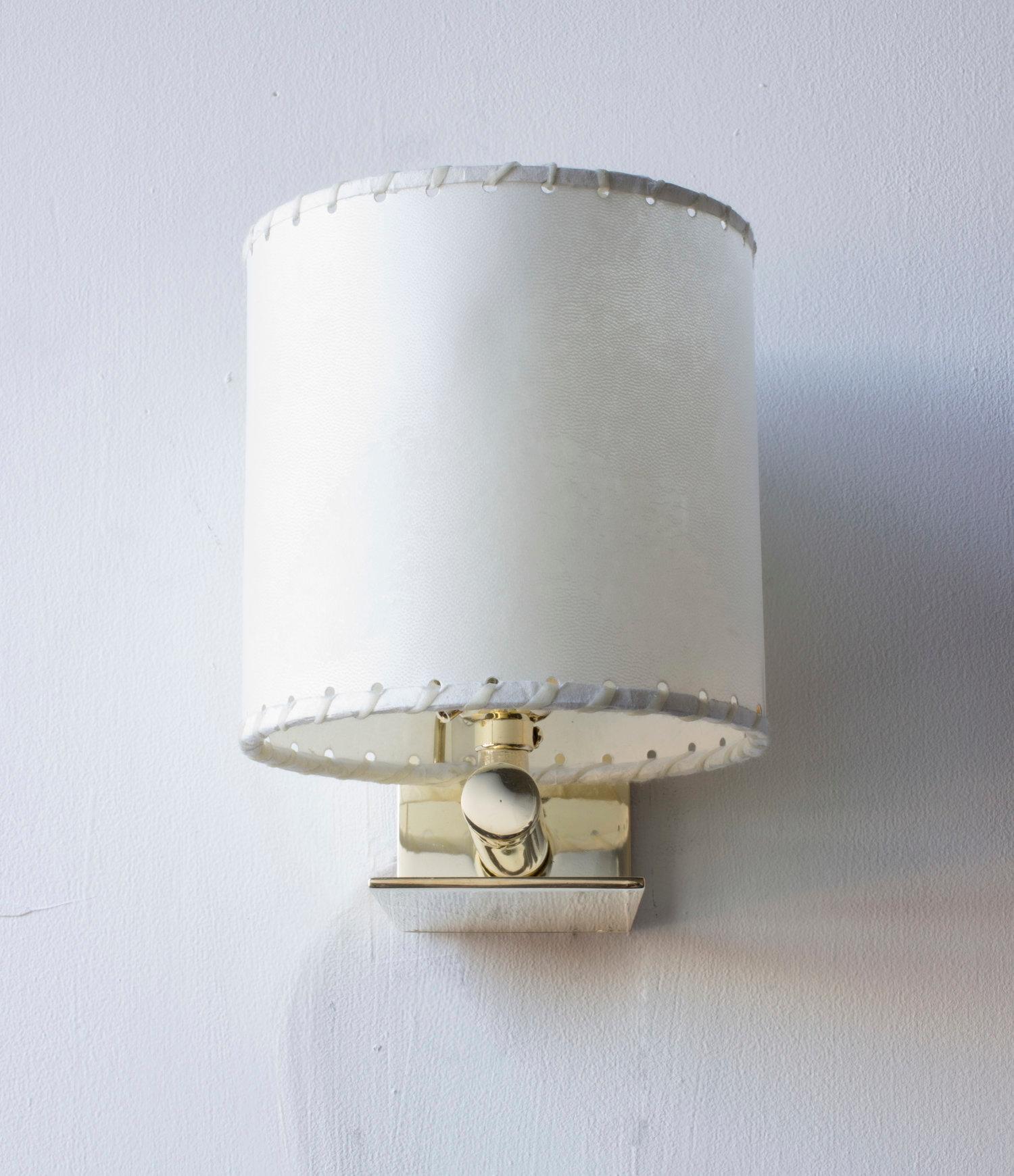 Series02 Lg. Sconce, Polished Nickel Brass, Stitched Goatskin Parchment Shade In New Condition For Sale In Ozone Park, NY