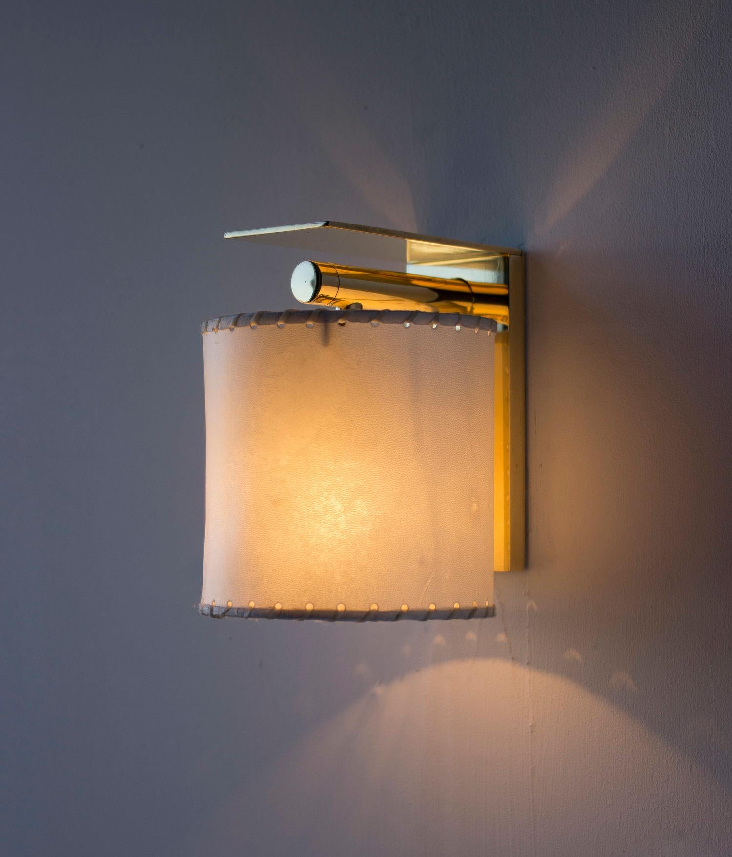 Contemporary Series02 Lg. Sconce, Polished Nickel Brass, Stitched Goatskin Parchment Shade For Sale