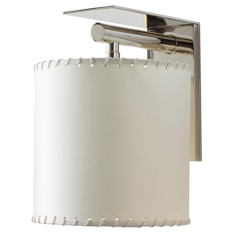 Series02 Lg. Sconce, Polished Nickel Brass, Stitched Goatskin Parchment Shade For Sale