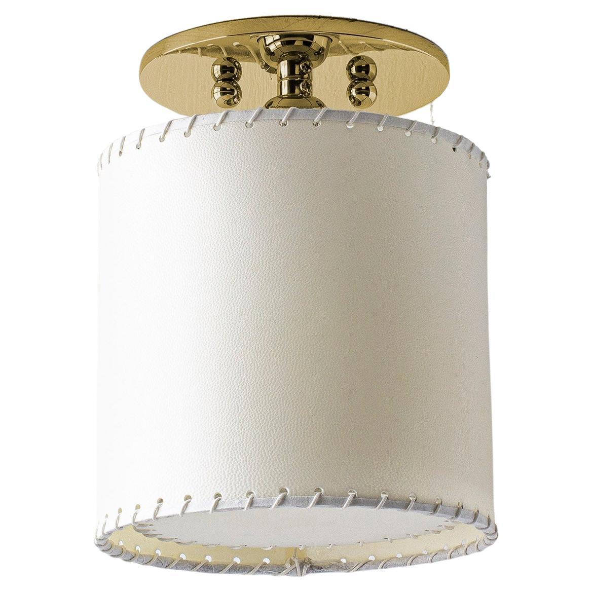 Series02 Sm Flush Mount, Polished Unlacquered Brass, Goatskin Parchment Shade For Sale